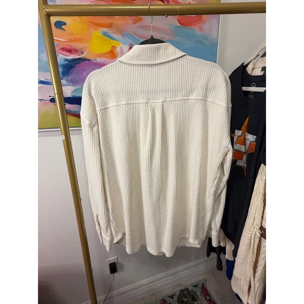LOFT Outlet Waffle Knit Button Down Shirt Cream Off White XL Long Sleeve Shacket